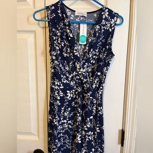 Knee length, faux wrap, navy floral sleeveless dress